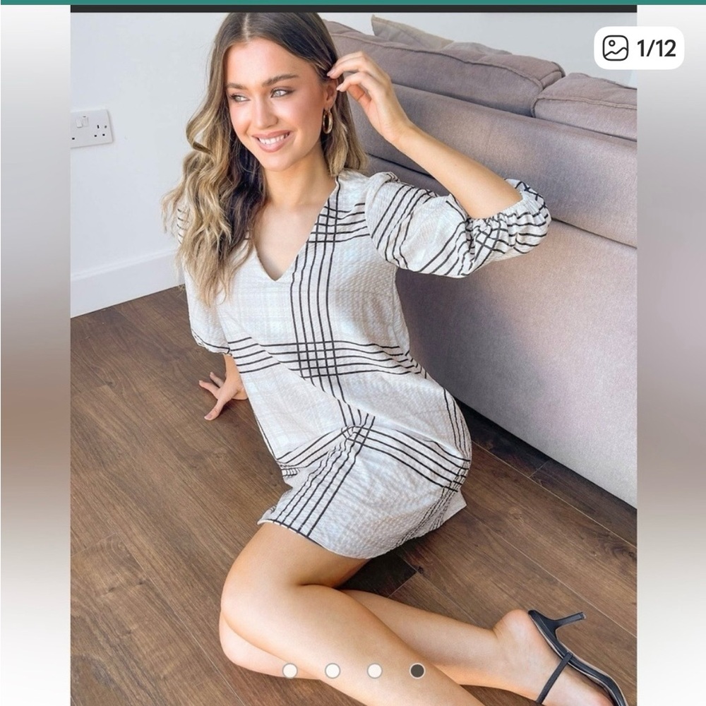 ASOS DESIGN Curve Dress Textured Mini Swing Cream Black Check Plaid Dress Sz 14